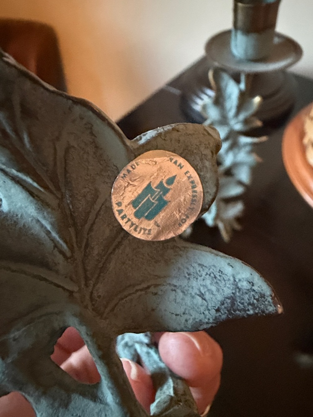 Partylite Leaf Motif Metal Candle Holders in Aged Green - Picture 2 of 3